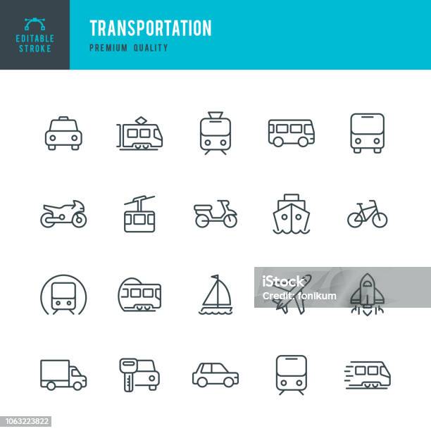 Transport Uppsättning Av Linje Vektor Ikoner-vektorgrafik och fler bilder på Ikon - Ikon, Transport, Transportmedel