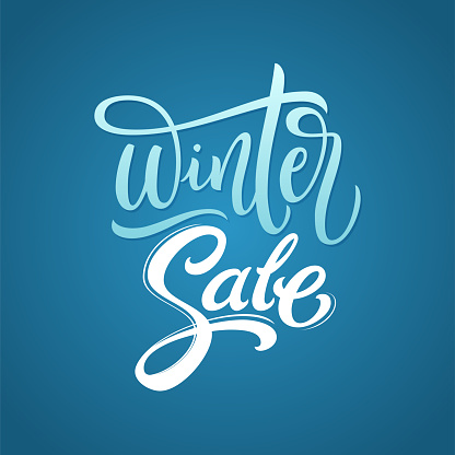 Winter Sale calligraphy inscription. Brush lettering calligraphy on blue isolated background. Text for banners, promotions, calendar, cards, invitations, templates with hand drawn lettering. Vector illustration.