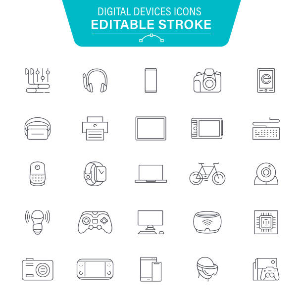 Digital Devices Line Icons Computer Devices, Equipment, Data, Laptop, Smartphone, VR, Editable Stroke Icon Set multimedia illustrations stock illustrations
