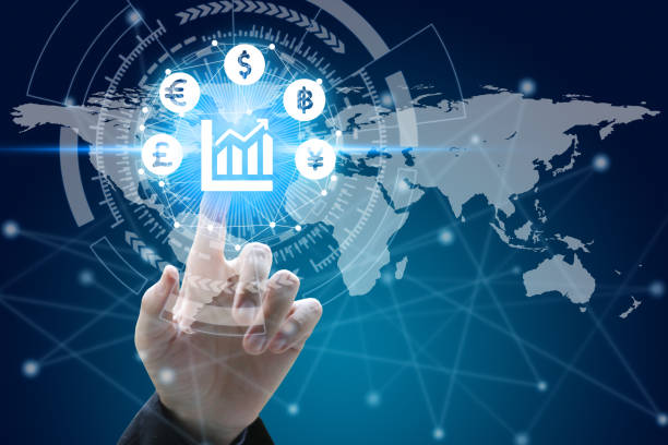 istock Businessman touch network using currency icon technology with virtual screen icons 1063238826