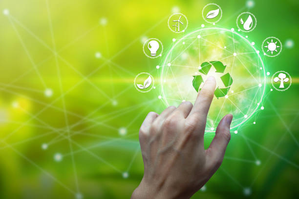 istock Finger touch with environment Icons over the Network 1063238884