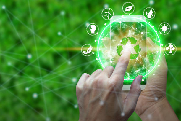 istock Hand use smartphone with environment Icons over the Network connection 1063238940