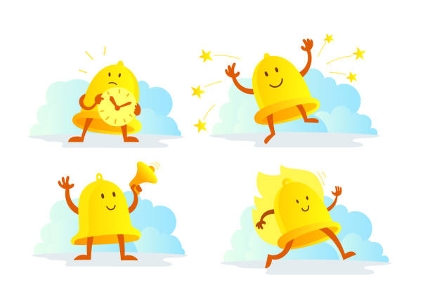 Bell alarm character set. Call clock signal golden yellow runs with a megaphone. Time to do business. Bell alarm character set. Call clock signal golden yellow runs with a megaphone. Time to do business. Vector illustration clipart. school handbell stock illustrations