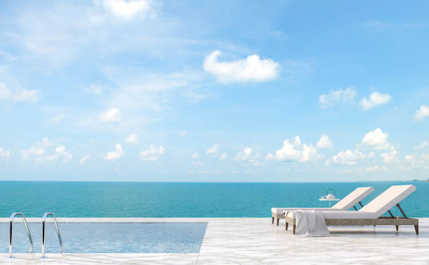 istock Luxury swimming pool terrace with sea view 3d render 1063241006