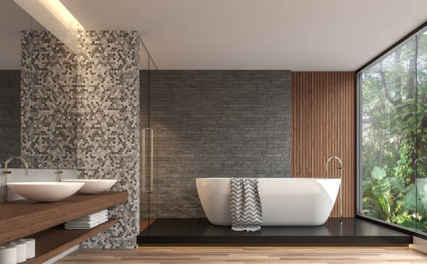 自然ビュー 3 d レンダリングをモダンで現代的なバスルーム - stone contemporary house luxury ストックフォトと画像