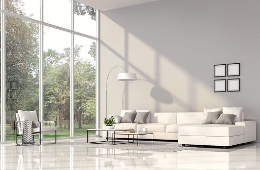 Modern living room interior with nature view 3d render