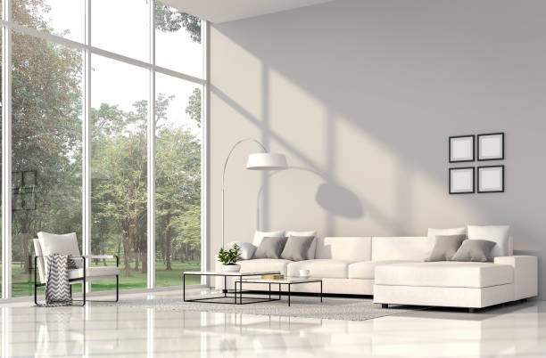 Modern living room interior with nature view 3d render Modern living room interior 3d render.The Rooms have white floors and gray wall.furnished with white fabric furniture.There are large window. Overlooks to nature view. decorated window stock pictures, royalty-free photos & images
