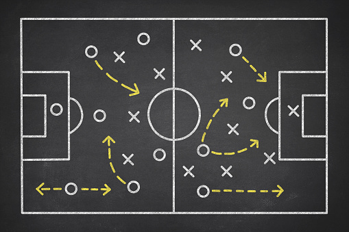 Team strategy on a chalk drawing of a soccer field