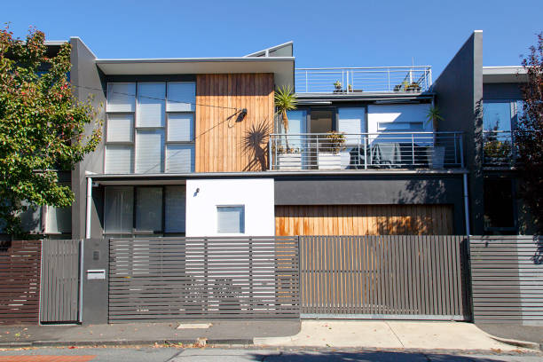 Closeup top part of modern house, background with copy space, full frame horizontal composition