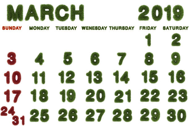 istock Calendar for March 2019 on white background,3d rendering green grass 1063242296