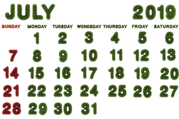 istock Calendar for July 2019 on white background,3d rendering green grass 1063242312