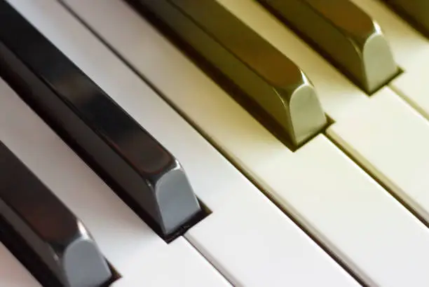 Photo of Piano keys close up, side view, toned