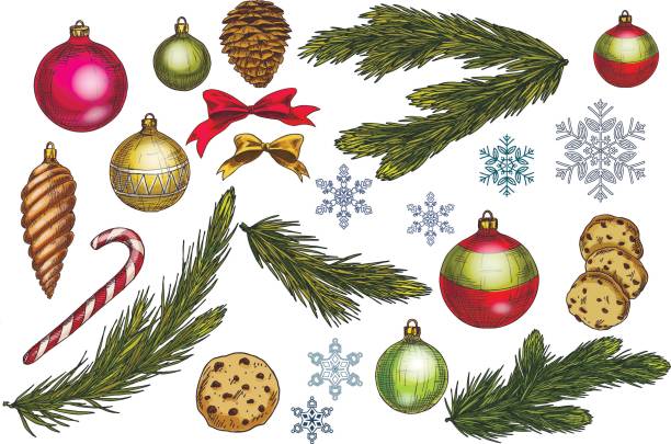 istock Christmas and New Year decoration set with pine tree branches, balls, bows, snowflakes, cones and sweets. Festive vector elements for design or greeting cards. 1063250976
