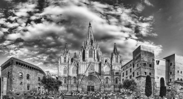 BARCELONA - AUGUST 10: Scenic panoramic view with the facade of the gothic Cathedral of the Holy Cross and Saint Eulalia, aka Barcelona Cathedral, Catalonia, Spain, on August 10, 2017