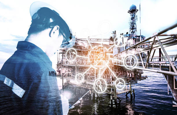 istock Double exposure of Engineer or Technician man with digital icon operated platform or plant by using tablet with offshore oil and gas platform background for industry business concept. 1063255548