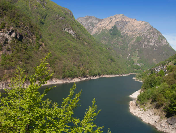 Lake Vogorno,Verzasca Valley,Ticino Canton,Switzerland Lago di Vogorno in Valle Verzasca with Villages of Corippo and Vogorno in Background,Ticino Canton,Switzerland vogorno stock pictures, royalty-free photos & images