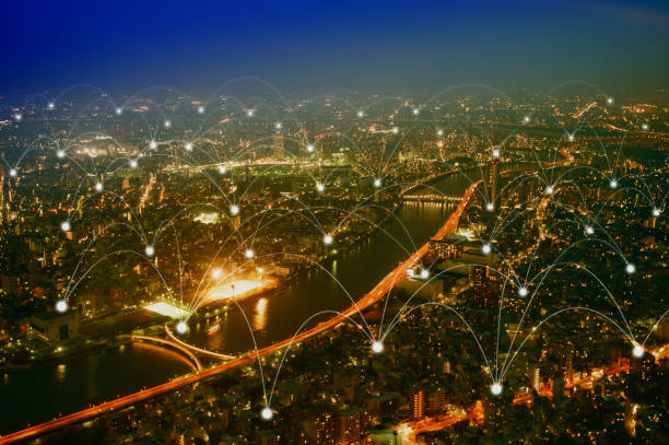 istock Blue high-tech tone of cityscape conneted line, technology concept, internet of things conceptual 1063261616