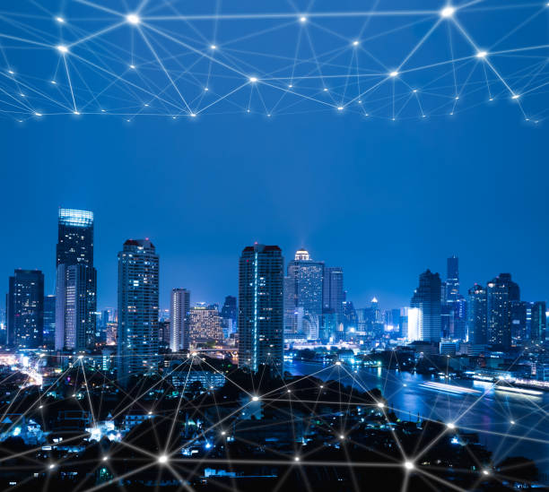istock Blue high-tech tone of cityscape conneted line, smartcity conceptual 1063261644