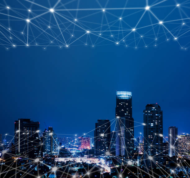 istock Blue high-tech tone of cityscape conneted line, smartcity conceptual 1063261652