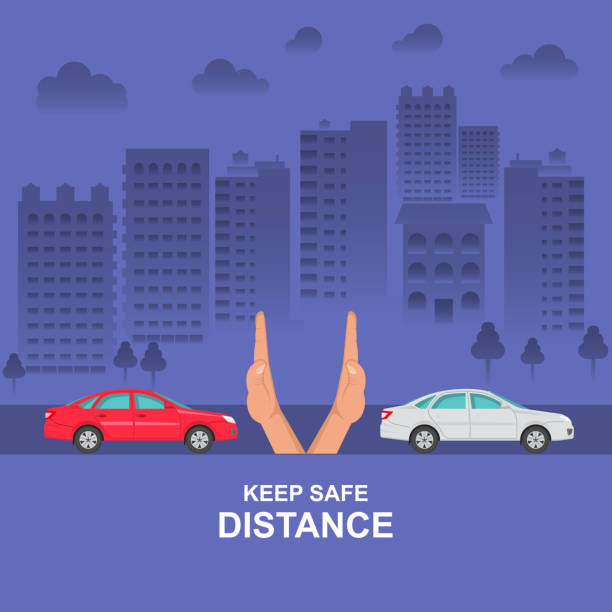 Hands up the distances Hands up the distances symbolizing increase between cars. The concept of safety and fail-safety on roads, observance of traffic regulations. A vector illustration in flat style. mid distance stock illustrations