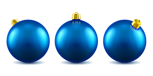 Set of isolated 3d toys for 2019 new year or realistic blue baubles for ornamenting christmas tree. Volumetric Xmas spheres for holiday decoration. Winter festive and celebration theme