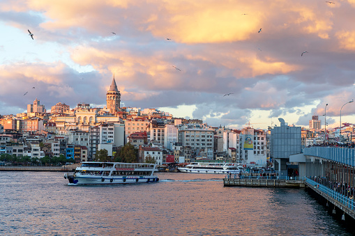 istanbul, Turkey -25 Oct 2018: Istanbul view across the Golden Horn with the Galata Tower in the background on Oct 25, 2018 in Istanbul, Turkey.
