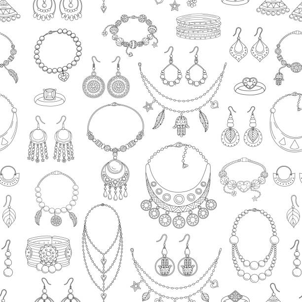 ilustrações, clipart, desenhos animados e ícones de coleção de moda joias vetor padrão sem emenda. - necklace jewelry backgrounds craft