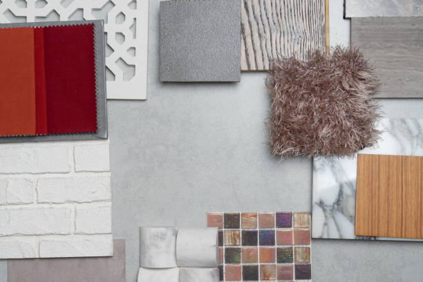 istock samples of material, wood , on concrete table.Interior design select material for idea. 1063272624
