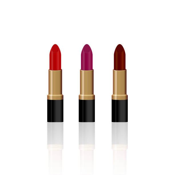 istock Set of 3 realistic lipsticks isolated on white background. Red, maroon, magenta lipstick colors. Make up vector illustration. 1063273996