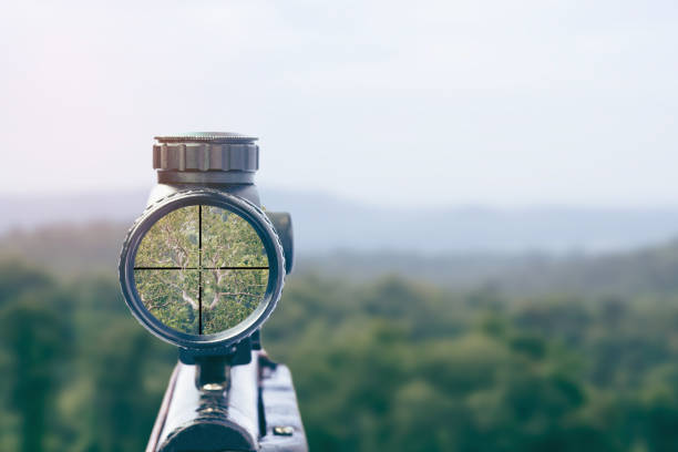 istock rifle target view on Natural Background. Image of a rifle scope sight used for aiming with a weapon 1063277566