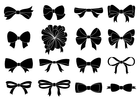 Set of decorative bow for your design. Vector bow silhouette isolated on white.