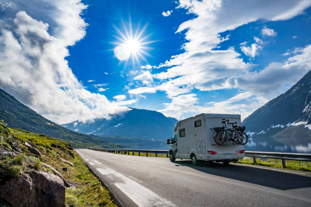 Family vacation travel RV, holiday trip in motorhome Family vacation travel RV, holiday trip in motorhome, Caravan car Vacation. Beautiful Nature Norway natural landscape. motor home photos stock pictures, royalty-free photos & images