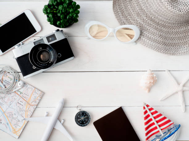 istock top view travel concept with retro camera films, map, passport, smartphone on white table background with copy space, Tourist essentials, vintage tone effect 1063286994