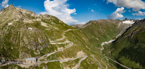Twisting roads in the Swiss Alps stock photo