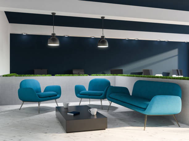 istock Modern office waiting room, blue couch, armchairs 1063289680