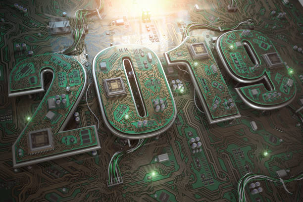 istock 2019 on circuit board or motherboard with cpu. Computer technology and internet commucations digital concept. Happy new 2019 year. 1063289778