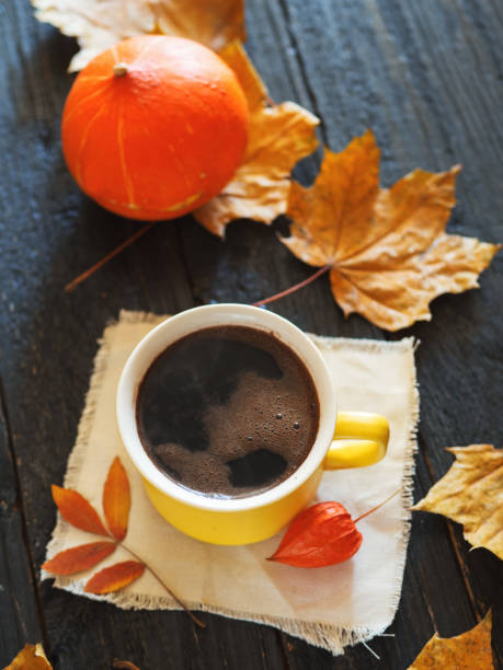 istock Hot coffee or chocolate in a mug on a dark background with dry leaves 1063290138