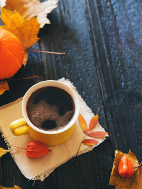 istock Hot coffee or chocolate in a mug on a dark background with dry leaves 1063290170