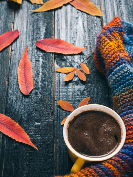 istock Hot coffee or chocolate in a mug on a dark background with dry leaves 1063290248