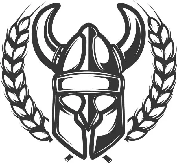 Vector illustration of Emblem template with wreath and viking helmet. Design element for label, emblem, sign.
