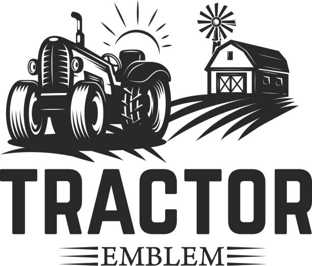 illustrazioni stock, clip art, cartoni animati e icone di tendenza di mercato degli agricoltori. modello emblema con trattore. elemento di design per etichetta, emblema, segno. - organic sign food community