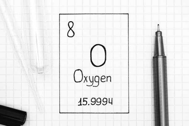 handwriting chemical element oxygen o with black pen, test tube and pipette. - oxygen periodic table mass sign imagens e fotografias de stock