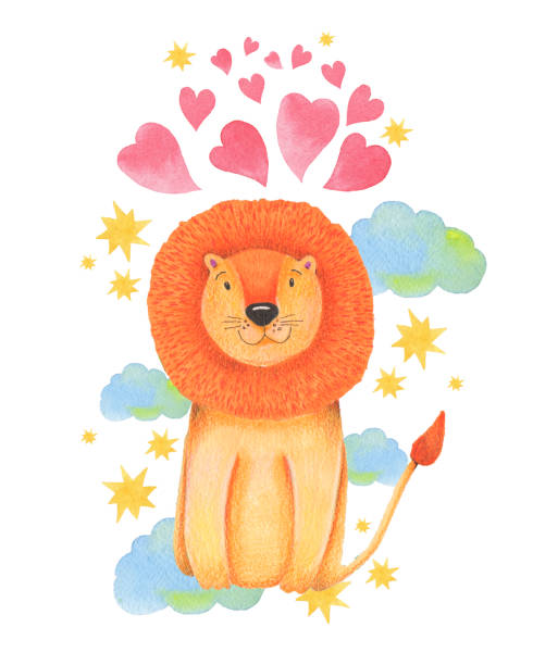 ilustraciones, imágenes clip art, dibujos animados e iconos de stock de león lindo animales de ilustración acuarela sobre un fondo blanco, corazón, estrellas, nubes. mano dibuja la ilustración. tarjeta de san valentín. - child preschool backgrounds baby