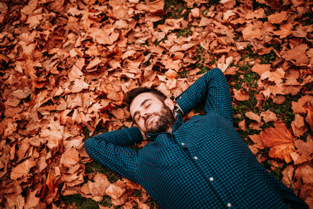 istock Young man lying down on the ground covered in autumn leaves 1063294030