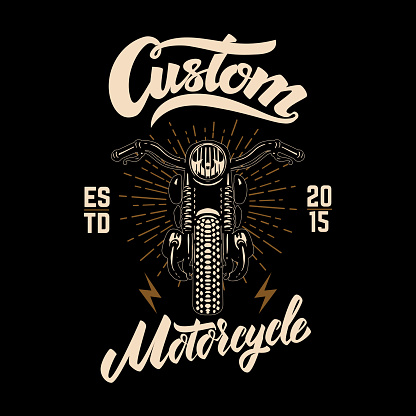 Custom motorcycles. Winged motorbike on black background. Design element for label, emblem, sign, poster. Vector illustration
