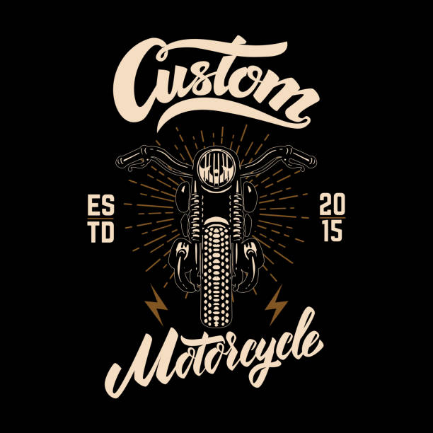 Custom motorcycles. Winged motorbike on black background. Design element for label, emblem, sign, poster. Custom motorcycles. Winged motorbike on black background. Design element for label, emblem, sign, poster. Vector illustration used motorcycle parts stock illustrations