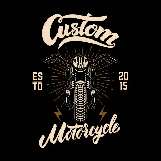 Vector illustration of Custom motorcycles. Winged motorbike on black background. Design element for label, emblem, sign, poster.