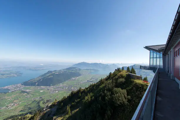 Stanserhorn observation platform on top of Stanserhorn mountain. The Stanserhorn is a mountain in Switzerland, located in the canton of Nidwalden.