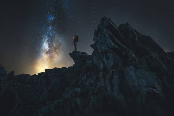 istock Hiker photographs landscape in the night 1063296480