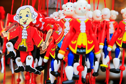 Traditional nepalese puppets on strings for sale in a souvenir shop in the Thamel area of Kathmandu city, Nepal.